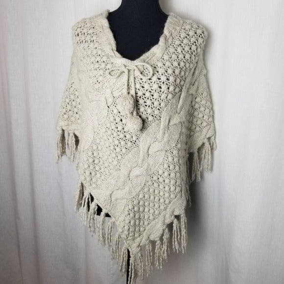 H&M Sweaters - H&M cable knit poncho pom pom fringe natural OS